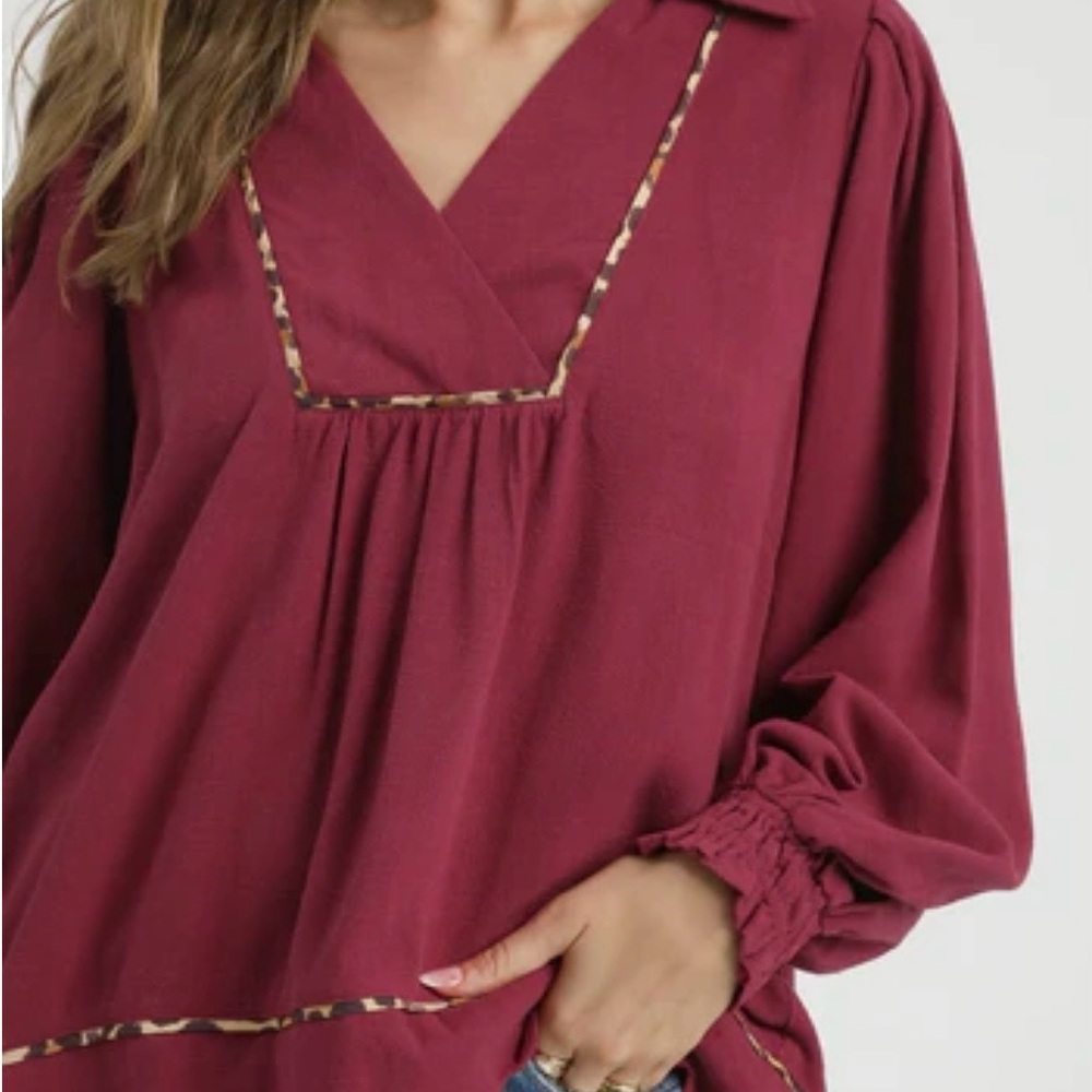 Umgee Burgundy Blouse with Leopard Trim